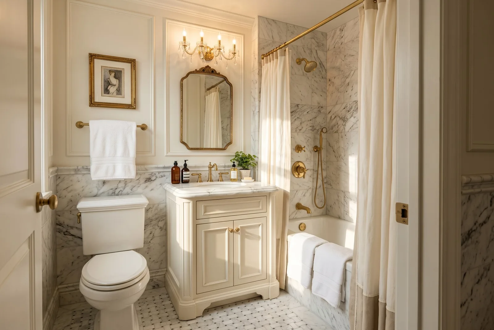La même salle de bains en style Classic Elegance avec murs en marbre, moulures, meuble vasque crème, miroir doré et robinetterie en laiton