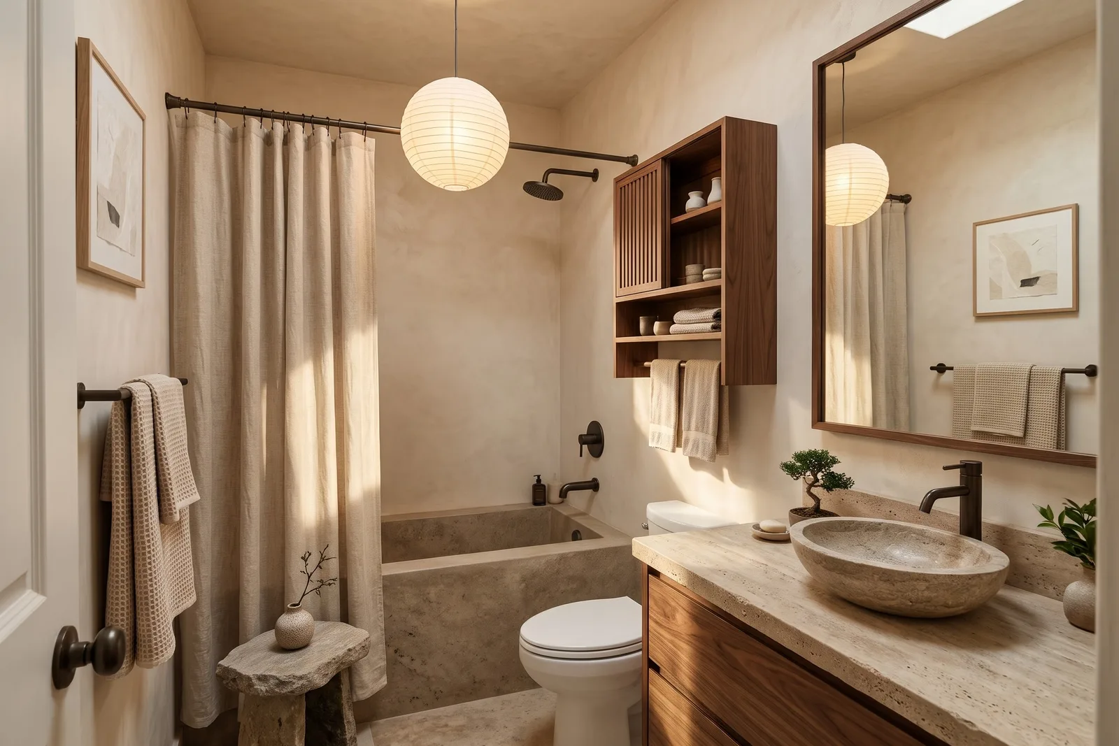 La même salle de bains en style japandi avec murs à la chaux, meuble en noyer, vasque en pierre, baignoire en béton, rideau en lin et suspension en papier