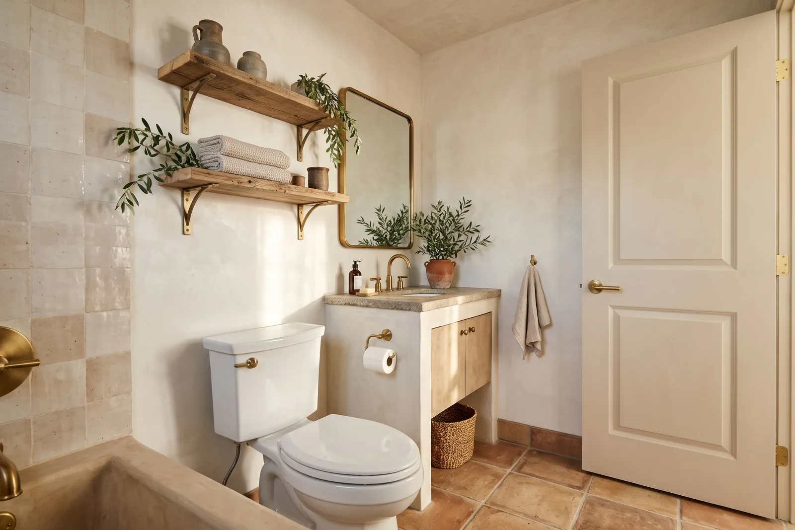 La même salle de bains en style méditerranéen avec zellige, murs à la chaux, tomettes en terre cuite, étagères en bois sur équerres en laiton et miroir laiton