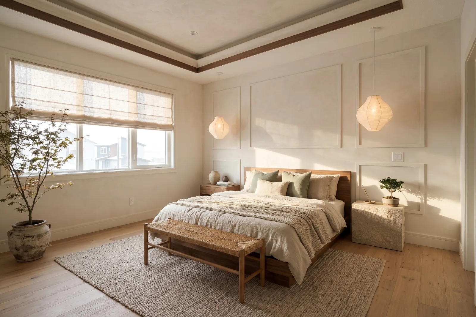 La même chambre en style japandi avec lit bas en bois, linge en lin, suspensions en papier, banc tressé et parquet en chêne