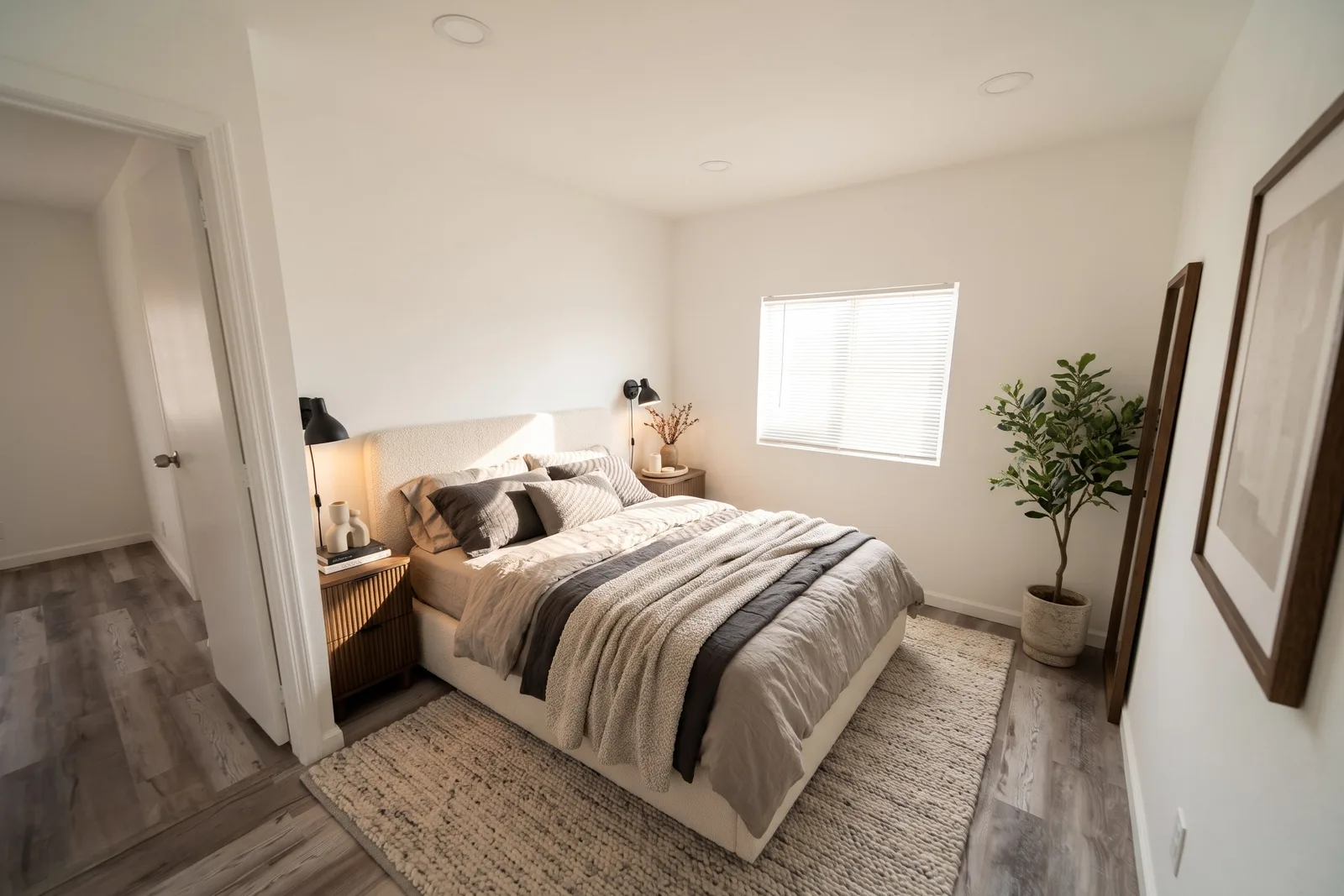 La même petite chambre en style Modern Haven avec lit en bouclette, chevets en bois cannelé, appliques noires et tapis texturé
