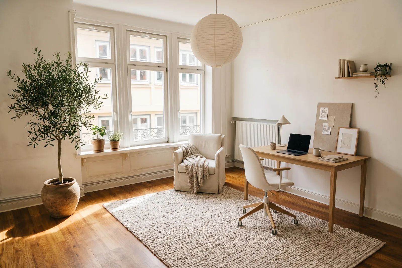La même pièce en bureau Nordic Light avec bureau en chêne contre le mur latéral, chaise blanche, fauteuil, suspension boule en papier et olivier