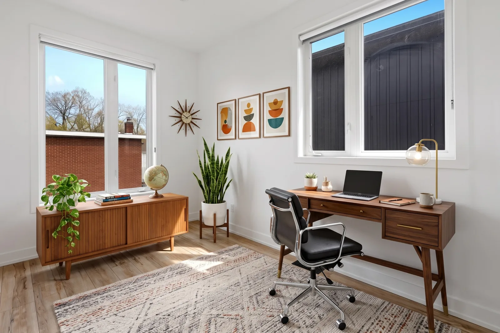 La même pièce en bureau mid-century avec bureau en noyer sous la fenêtre, fauteuil noir, enfilade en teck, horloge soleil et trois affiches