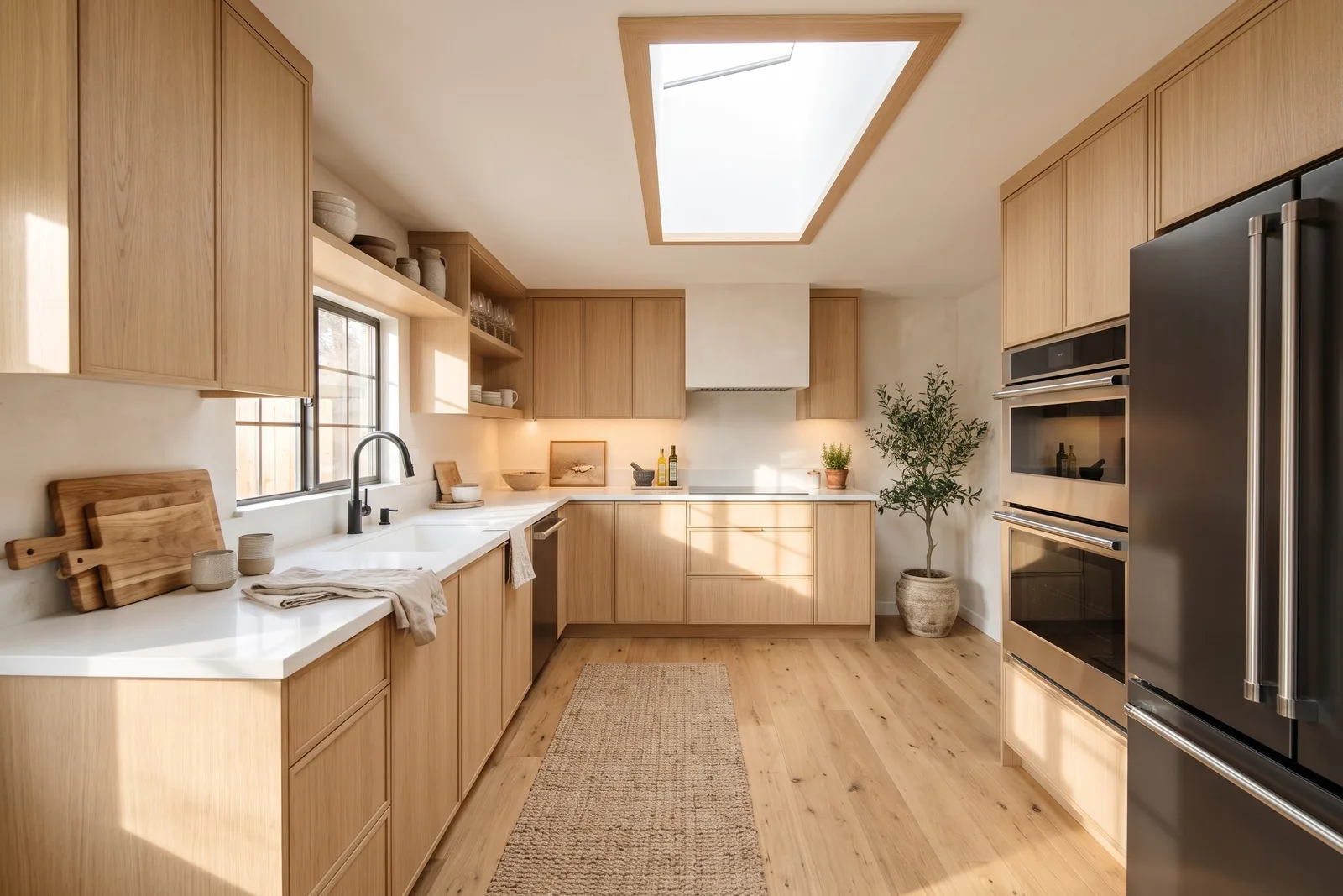 La même cuisine en style Nordic Light avec façades en chêne clair, plan en quartz blanc et parquet, sous le même puits de lumière
