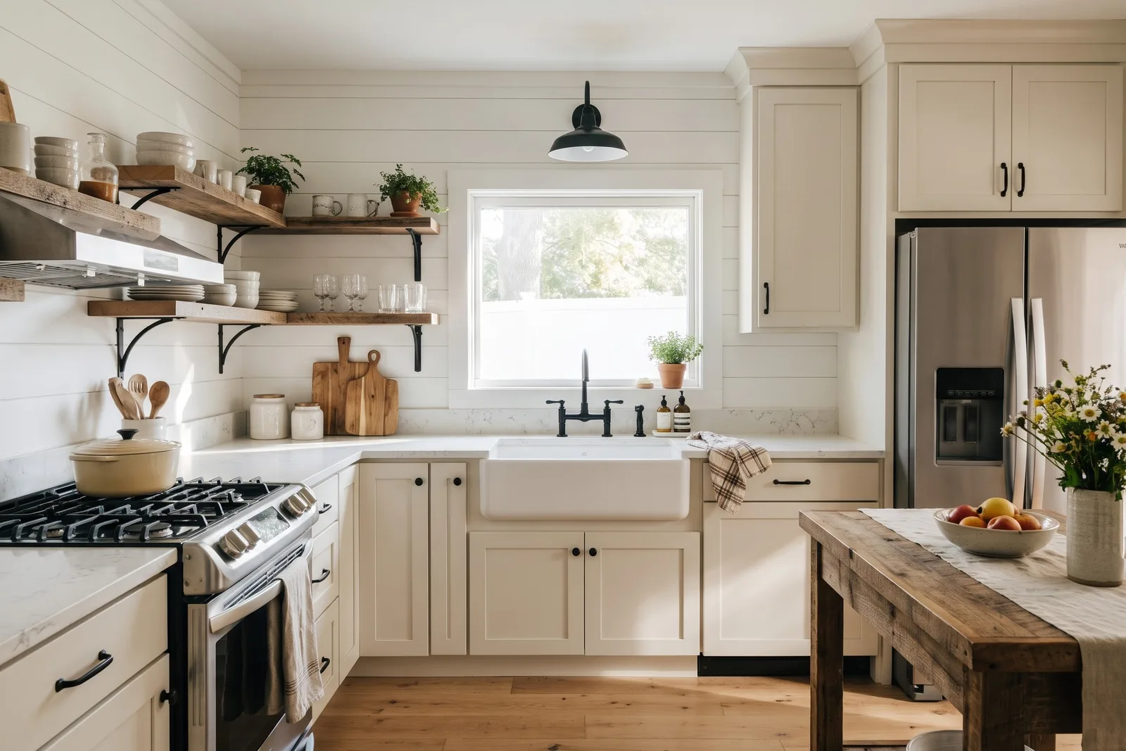 La même cuisine en style ferme moderne : façades blanches à cadre, étagères en bois, évier à tablier sous la fenêtre