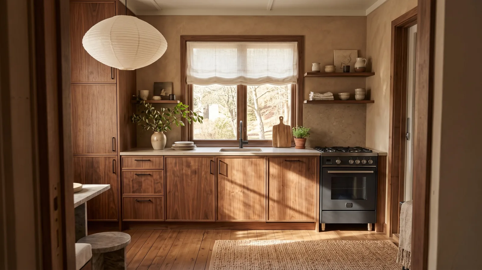 La même cuisine en style japandi avec façades en noyer, murs enduits, cuisinière noire et suspension en papier