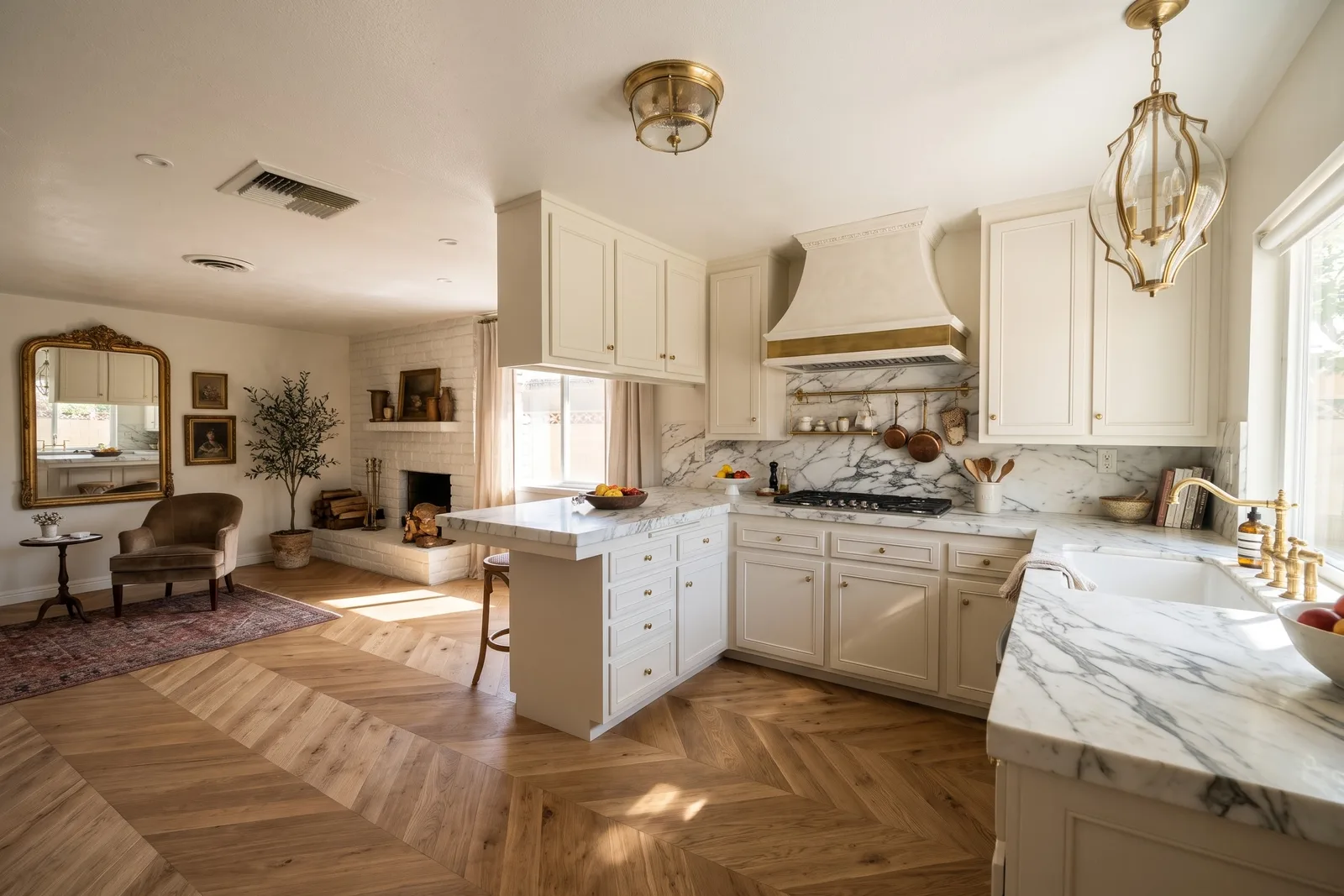 La même cuisine en style parisien avec plan en marbre, hotte en plâtre, lanternes en laiton et parquet à chevrons, ouverte sur la même cheminée