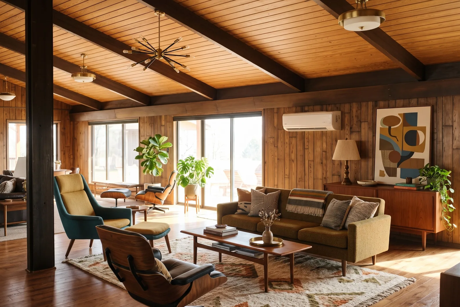Le même salon en style Mid-Century Modern avec canapé moutarde, fauteuil lounge, tapis à motifs et suspensions en laiton sous les poutres