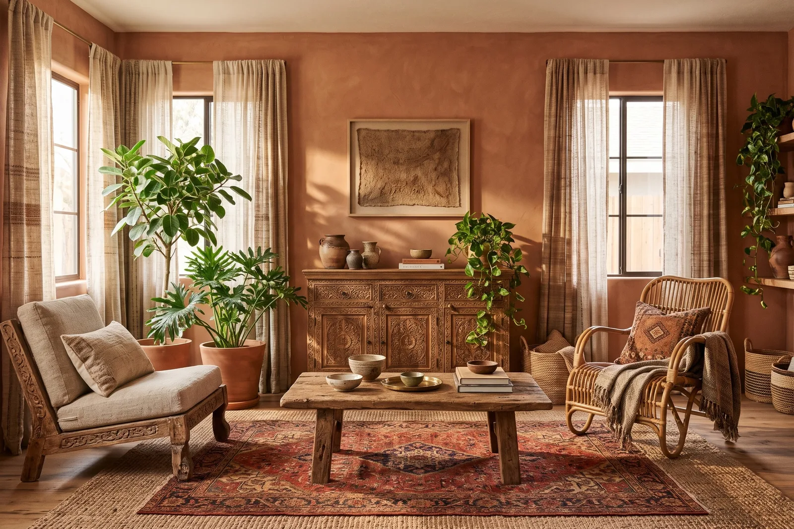 Un relooking bohème avec murs terracotta, voilages en lin, buffet sculpté, fauteuil en rotin, plantes et tapis rouge à motifs