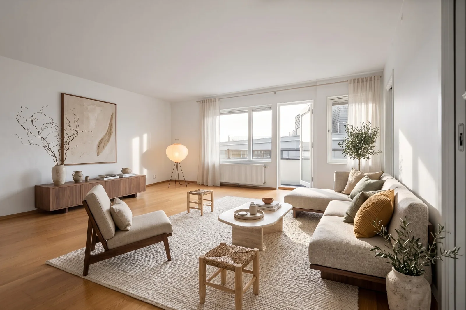La même pièce meublée en style japandi avec canapé d'angle bas, enfilade en noyer, lampadaire en papier et tapis en laine crème