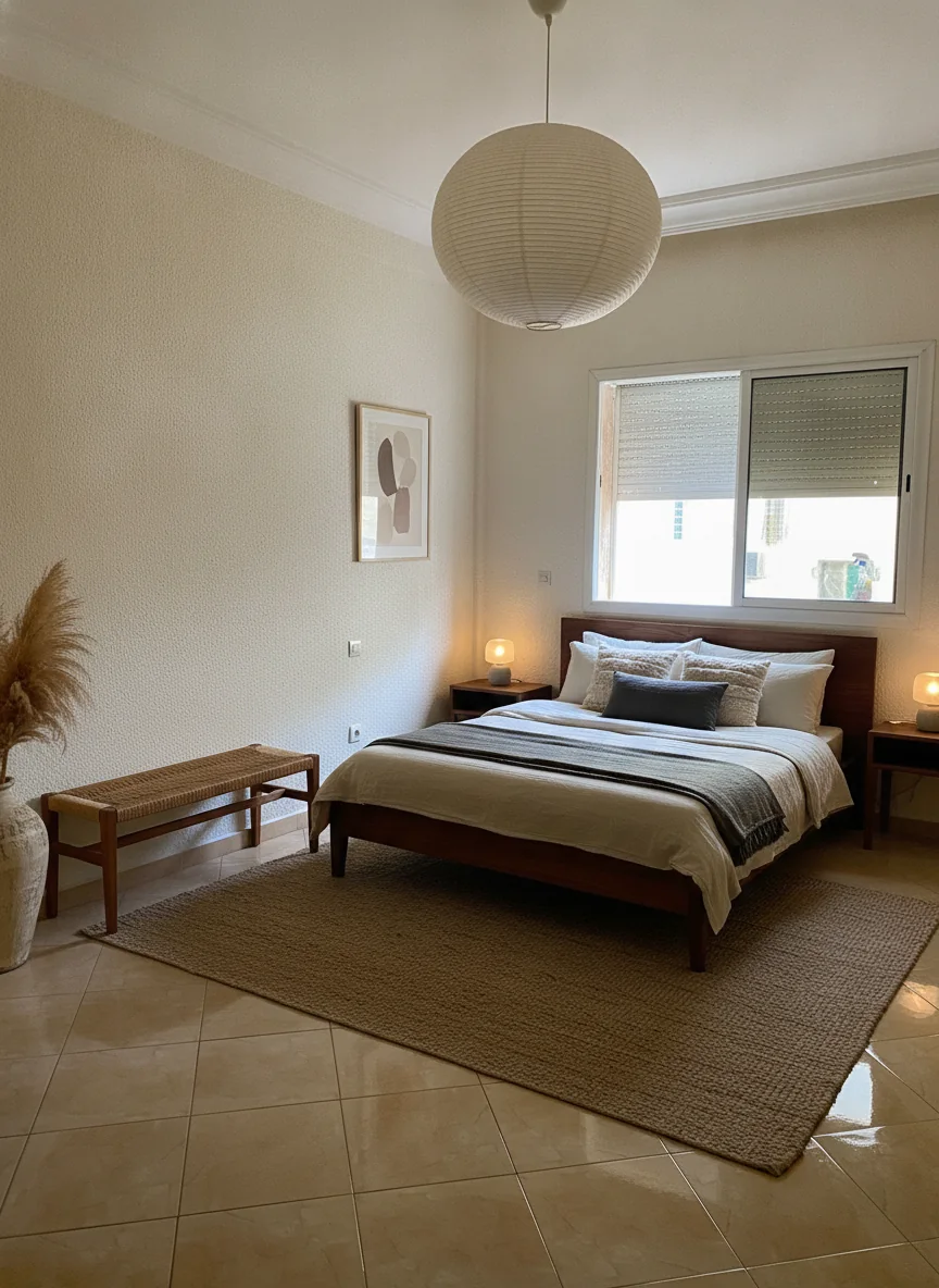 The same bedroom in the Japandi Calm style