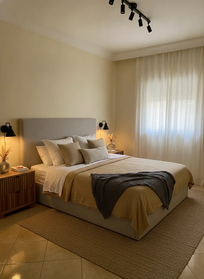 An empty bedroom staged in a neutral modern style, after